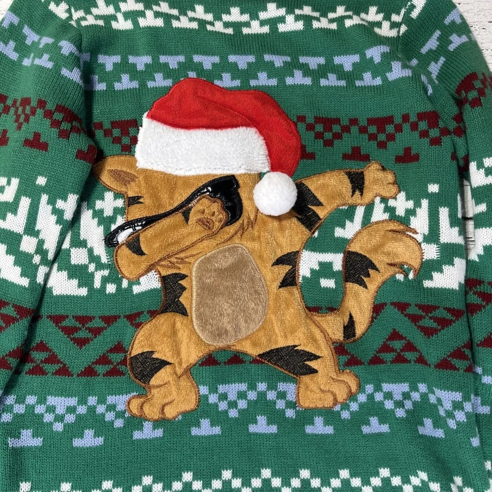 Boy's Holiday Time Dabbing Cat Ugly Christmas‎ Green Sweater XL 14 16